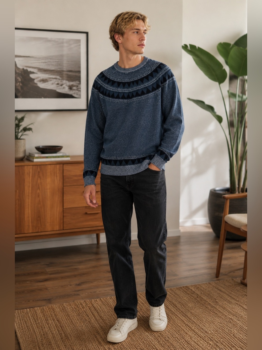 Sun + Stone Men's Alec Fair Isle Crewneck Sweater in blue size large